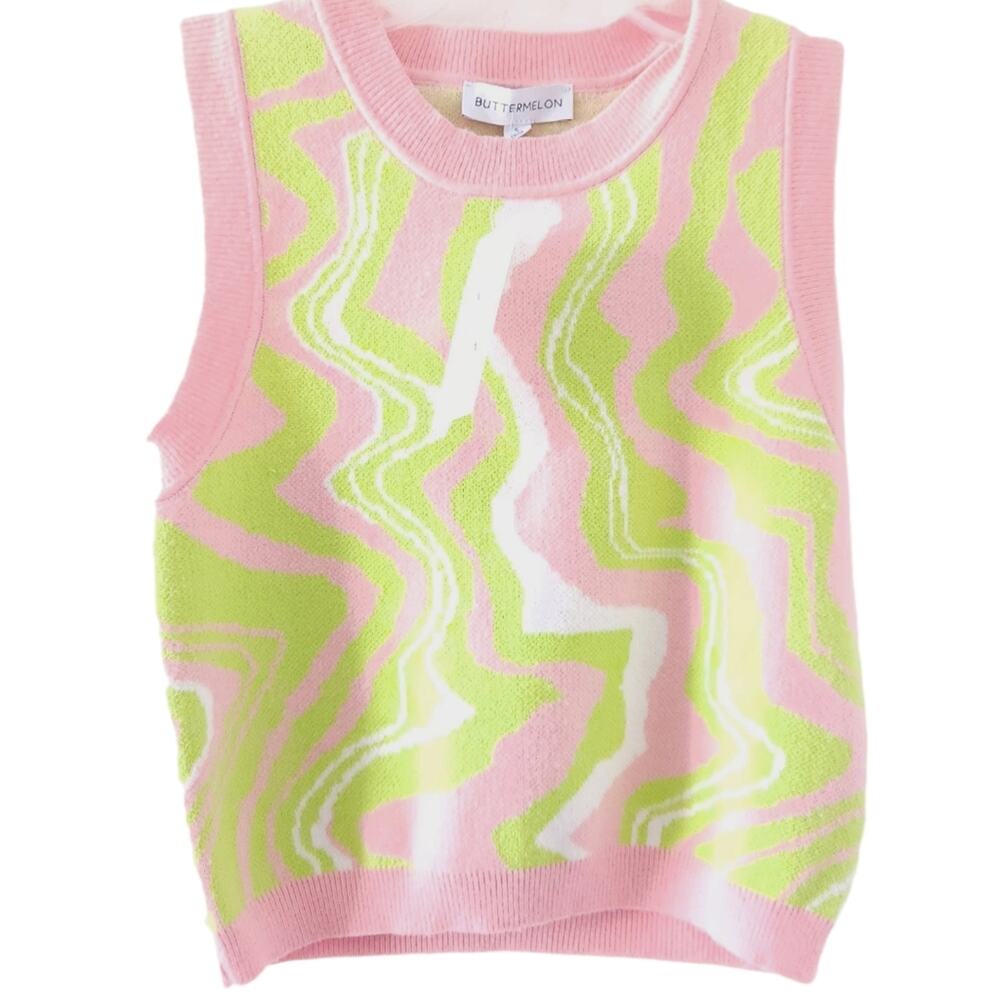 NEW Buttermelon Sleeveless Crop Sweater Small Pink and Green Pastel Preppy